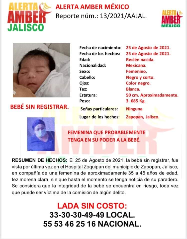 Activan Alerta Amber por robo de bebé en Hospital de Jalisco