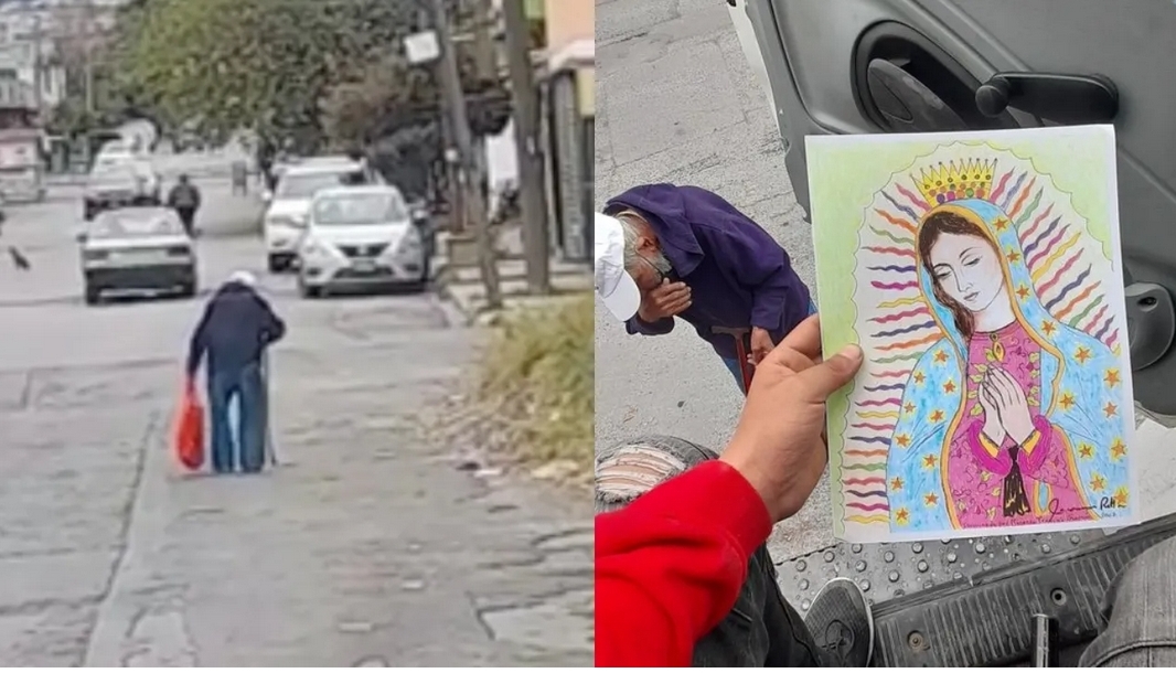 Abuelito vende sus dibujos en la calle para poder comprar leche para sus nietos