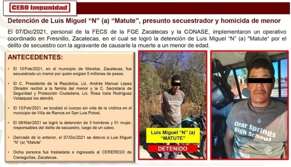 Detienen a secuestrador y homicida de un menor de Zacatecas